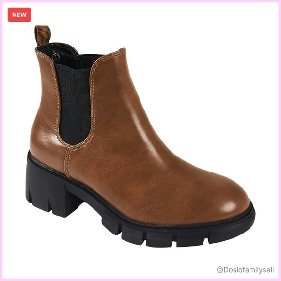 Leather Chelsea Booties Chunky Heel Slip On Combat Boots Y2K Retro